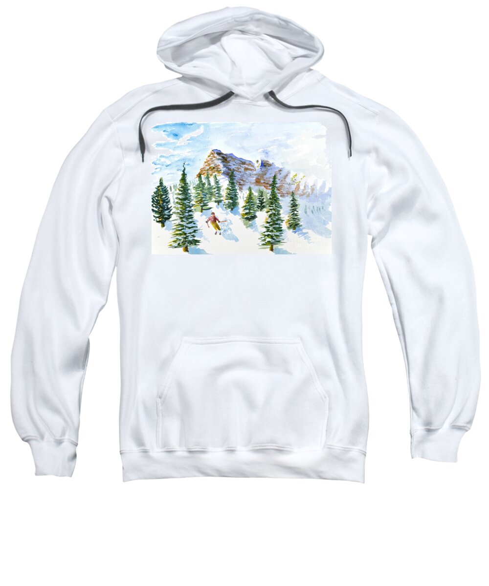 Skier Sweatshirt featuring the painting Skier in the Trees by Walt Brodis
