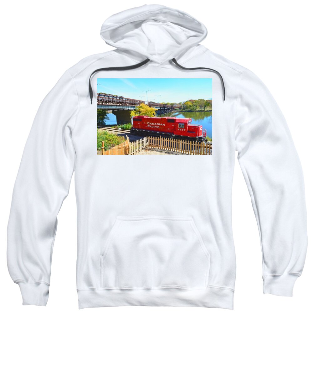 Solo Sweatshirt featuring the photograph Solo Red Canadian Pacific Engine along Rock River in Rockford by Jeff at JSJ Photography