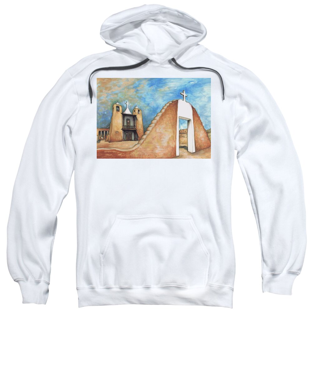 Taos+pueblo Sweatshirt featuring the painting Taos Pueblo New Mexico - Watercolor Art Painting by Peter Potter