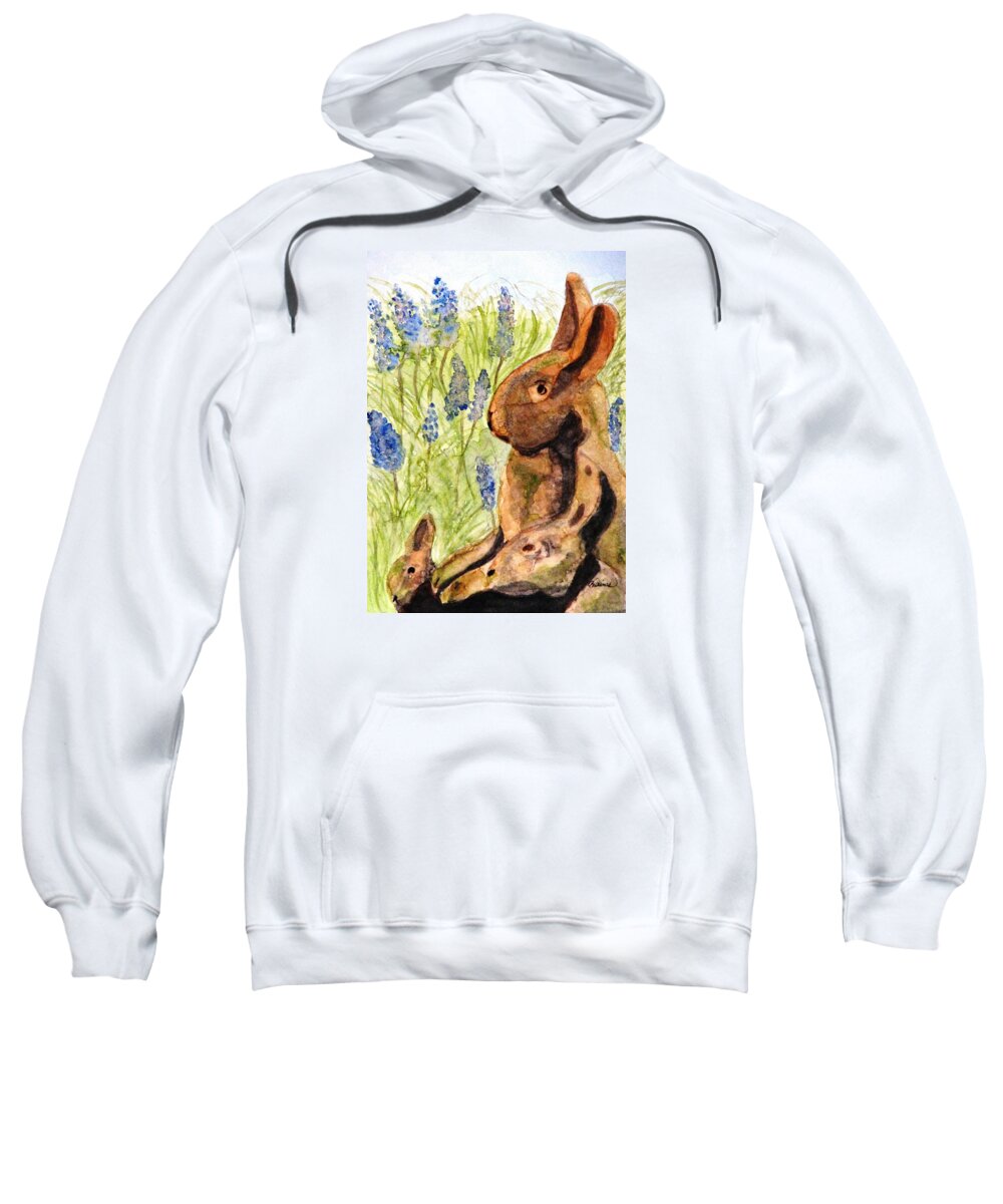 Rabbit Sweatshirt featuring the painting Terra Cotta Bunny Family by Angela Davies