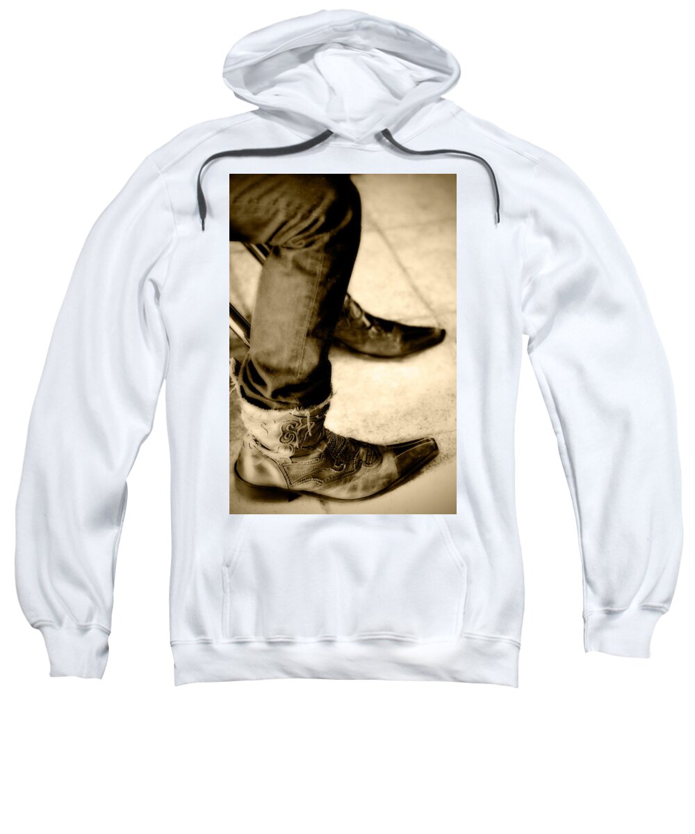 Male Model Sweatshirt featuring the photograph 'dem Boots by Melinda Ledsome