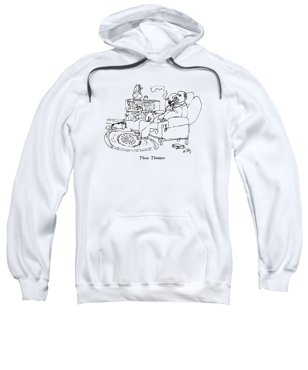 Three Thinkers
No Caption
Three Thinkers: Title. A Man Smoking A Pipe Sits In An Armchair. A Dog Lies On The Rug At His Feet Sweatshirt featuring the drawing Three Thinkers by William Steig