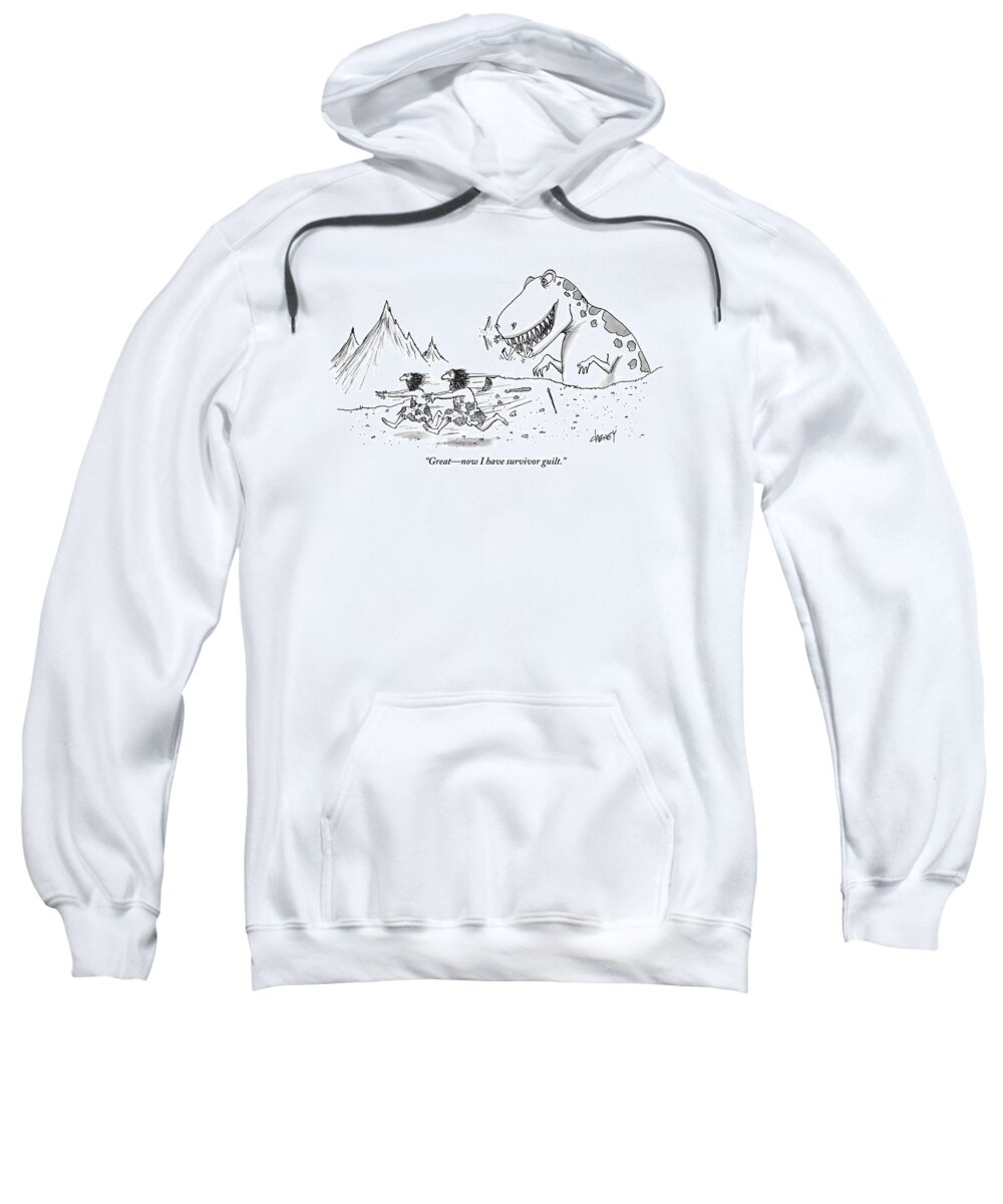 Dinosaurs Sweatshirt featuring the drawing Two Cavemen Are Seen Talking As They Run Away by Tom Cheney