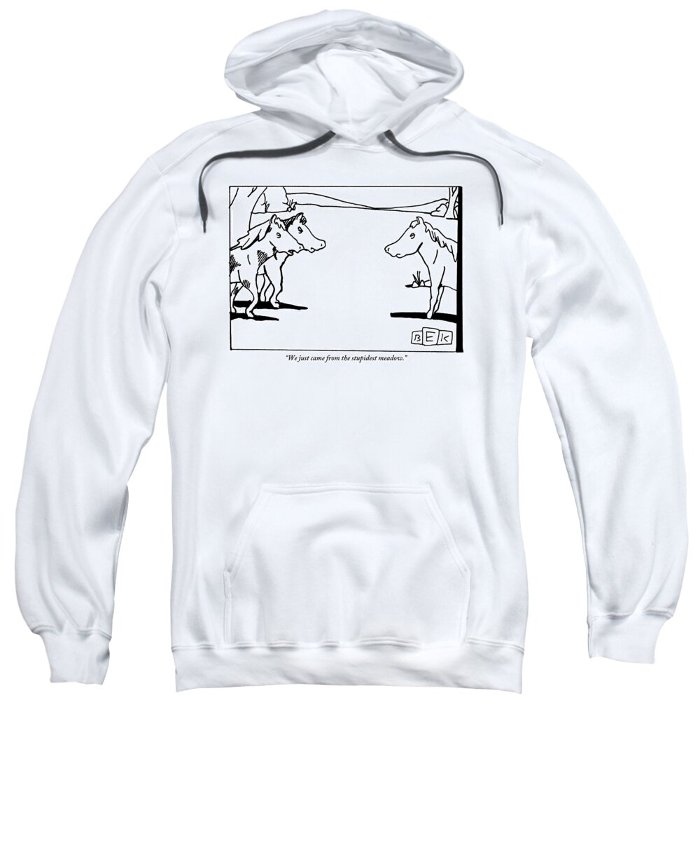 Horses Sweatshirt featuring the drawing Two Horses Approach Another In A Meadow by Bruce Eric Kaplan