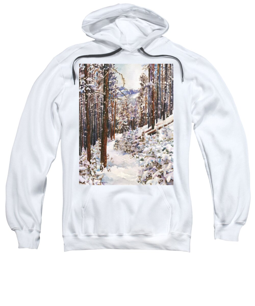 Snow Scene Painting Sweatshirt featuring the painting Unbroken Snow by Anne Gifford