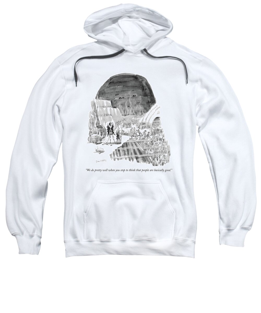 Hell Devil Damnation Eternal Afterlife 
One Devil To Another Looking Over The Huge Crowds Of People In Hell. Artkey 44062 Sweatshirt featuring the drawing We Do Pretty Well When You Stop To Think That by Dana Fradon