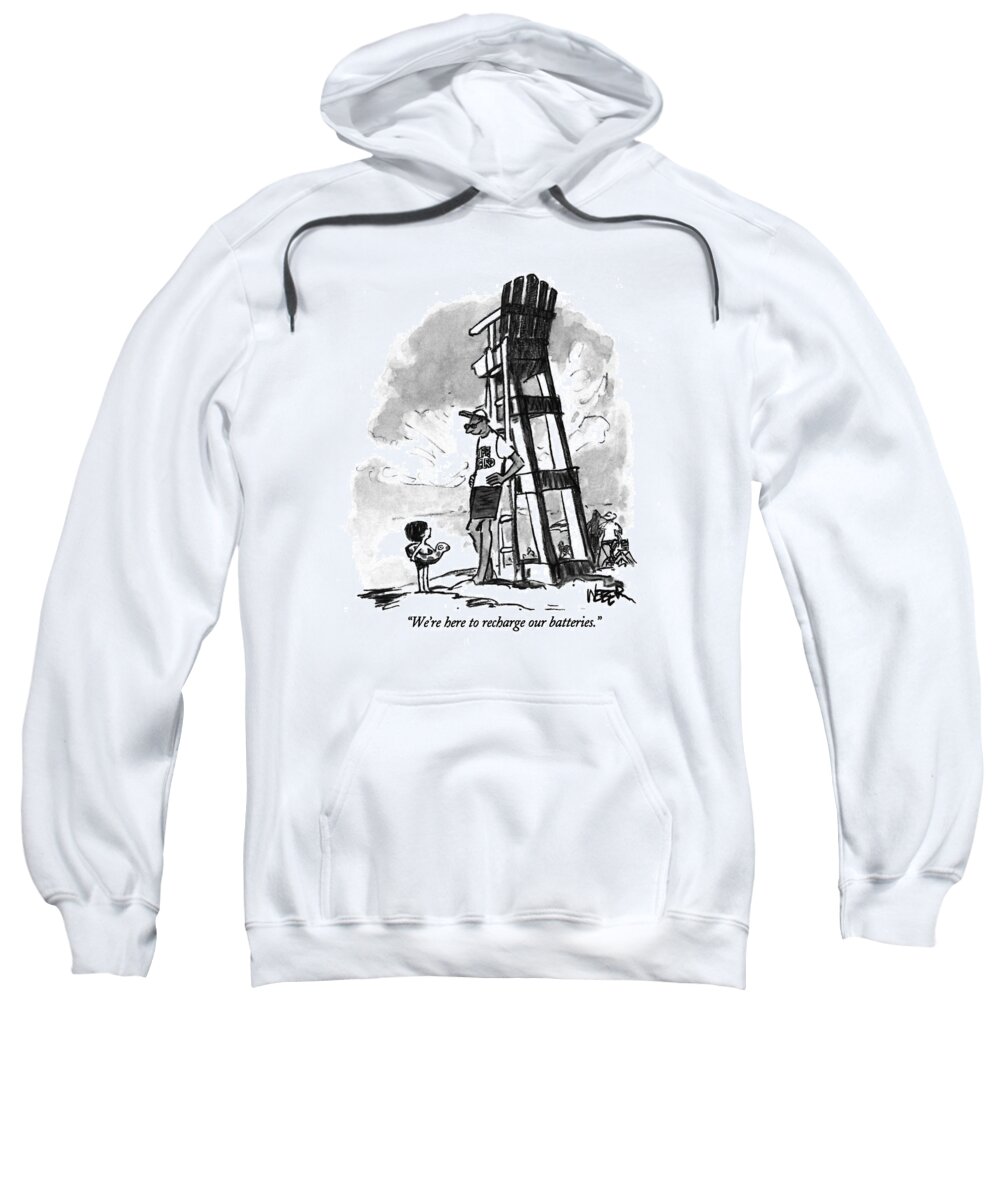 
Leisure Sweatshirt featuring the drawing We're Here To Recharge Our Batteries by Robert Weber