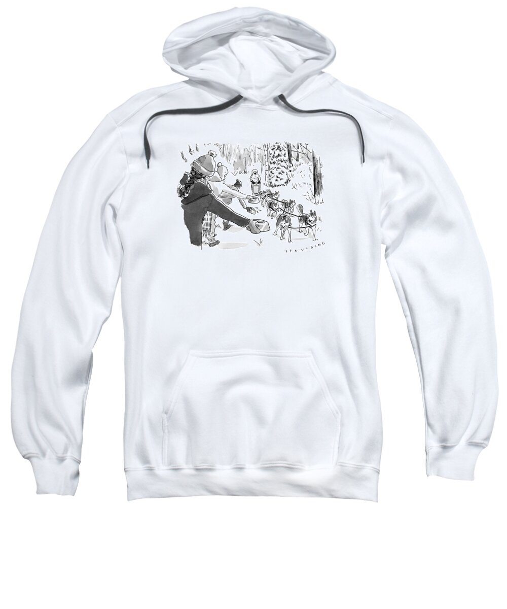 Captionless Marathon Sweatshirt featuring the drawing Winter Suited Volunteers Hold Out Dog Dishes by Trevor Spaulding