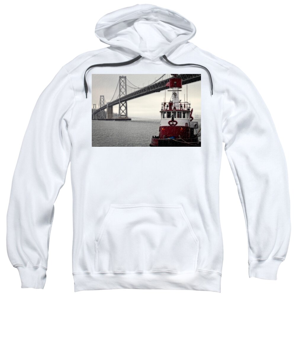 Bridge Sweatshirt featuring the photograph Bay Bridge and Fireboat in the Rain by Jarrod Erbe