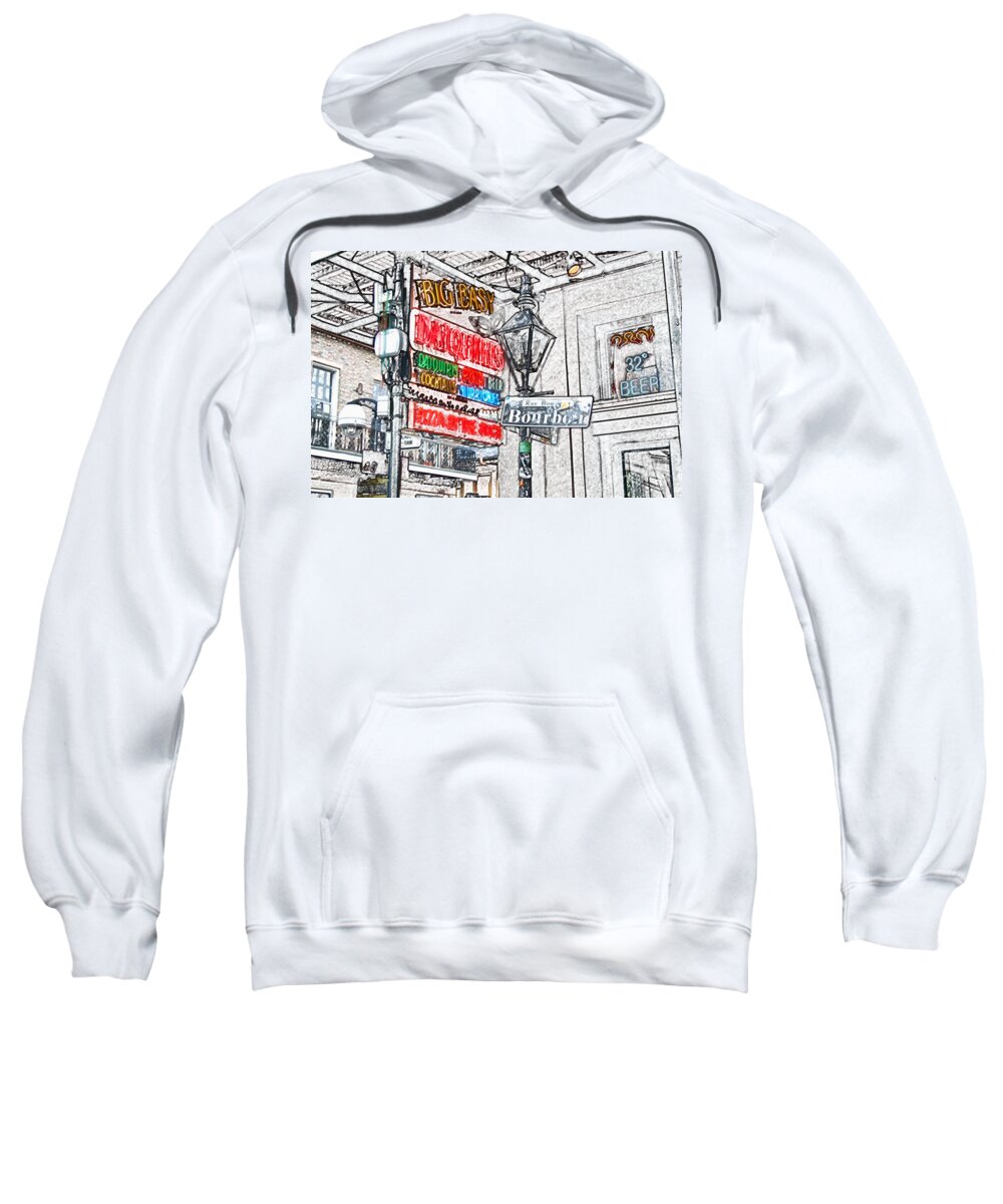 Travelpixpro New Orleans Sweatshirt featuring the digital art Colorful Neon Sign on Bourbon Street Corner French Quarter New Orleans Colored Pencil Digital Art by Shawn O'Brien