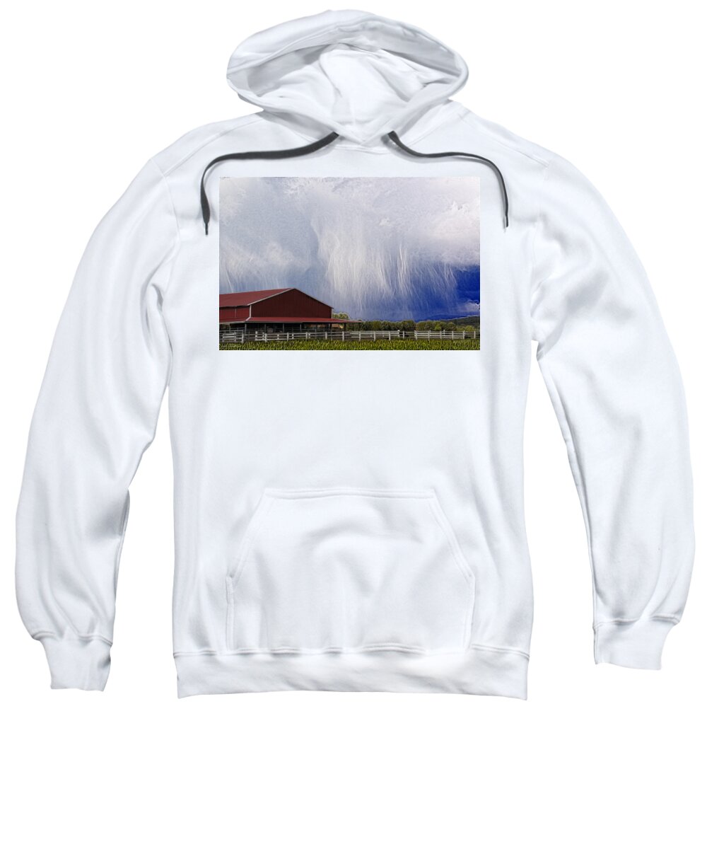 Sci Fi Sweatshirt featuring the photograph SciFi Storm and Red Barn by Mick Anderson