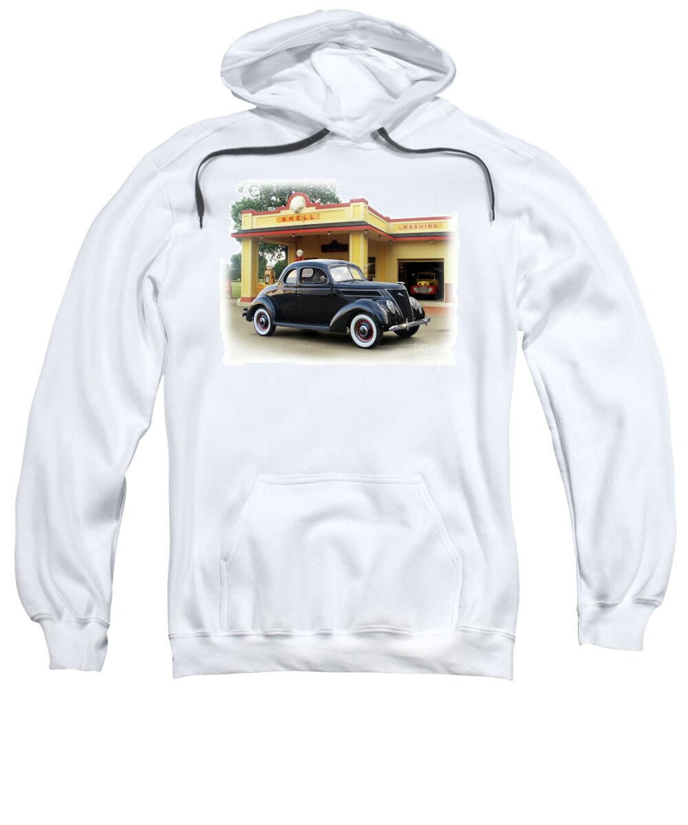 1937 Sweatshirt featuring the photograph 1937 Ford, Vintage Shell Station by Ron Long