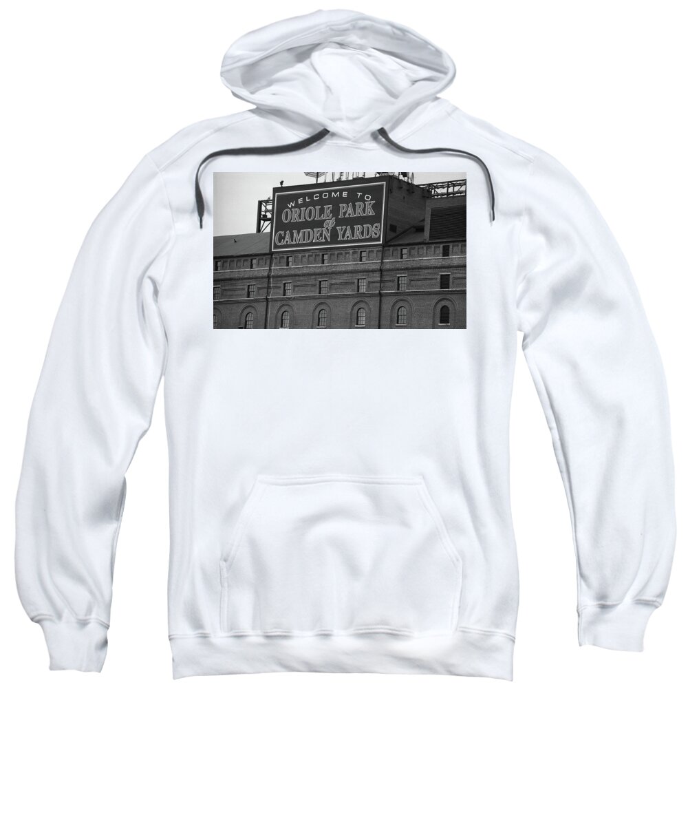 America Sweatshirt featuring the photograph Baltimore Orioles Park at Camden Yards BW by Frank Romeo