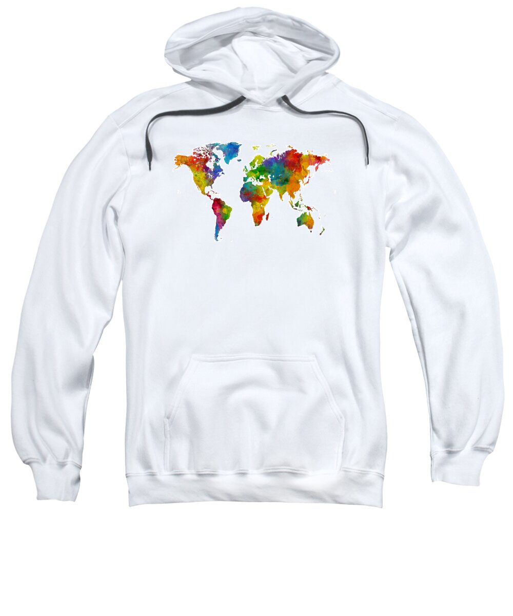 World Map Sweatshirt featuring the digital art Map of the World Map Watercolor #3 by Michael Tompsett