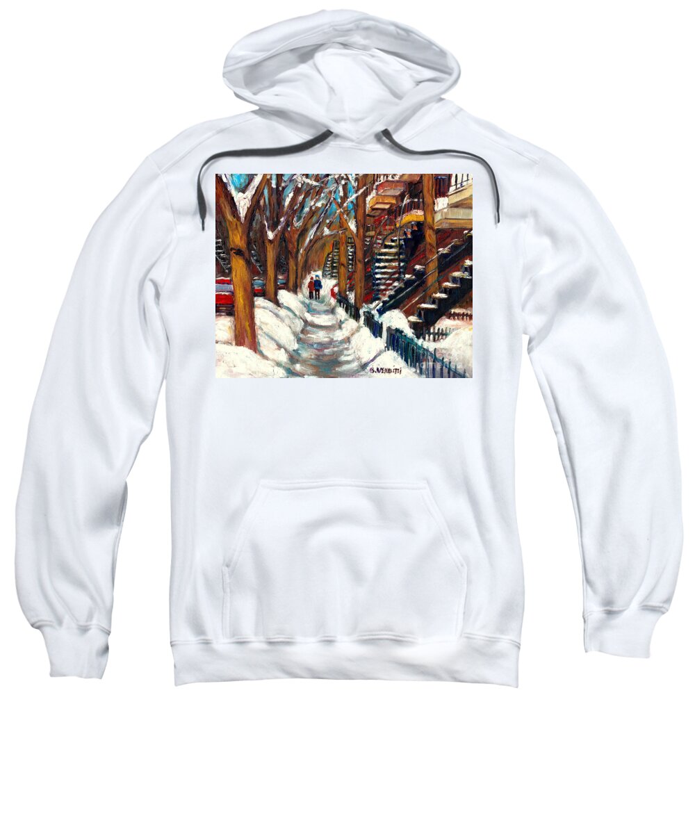 Montreal Sweatshirt featuring the painting After The Snow Storm Montreal Winter City Scene Couple Strolling Painting For Sale          by Grace Venditti