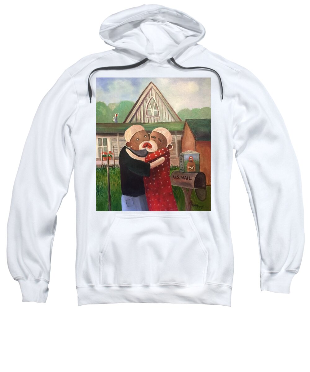 American Gothic Sweatshirt featuring the painting American Gothic The Monkey Lisa and The Holler by Rand Burns