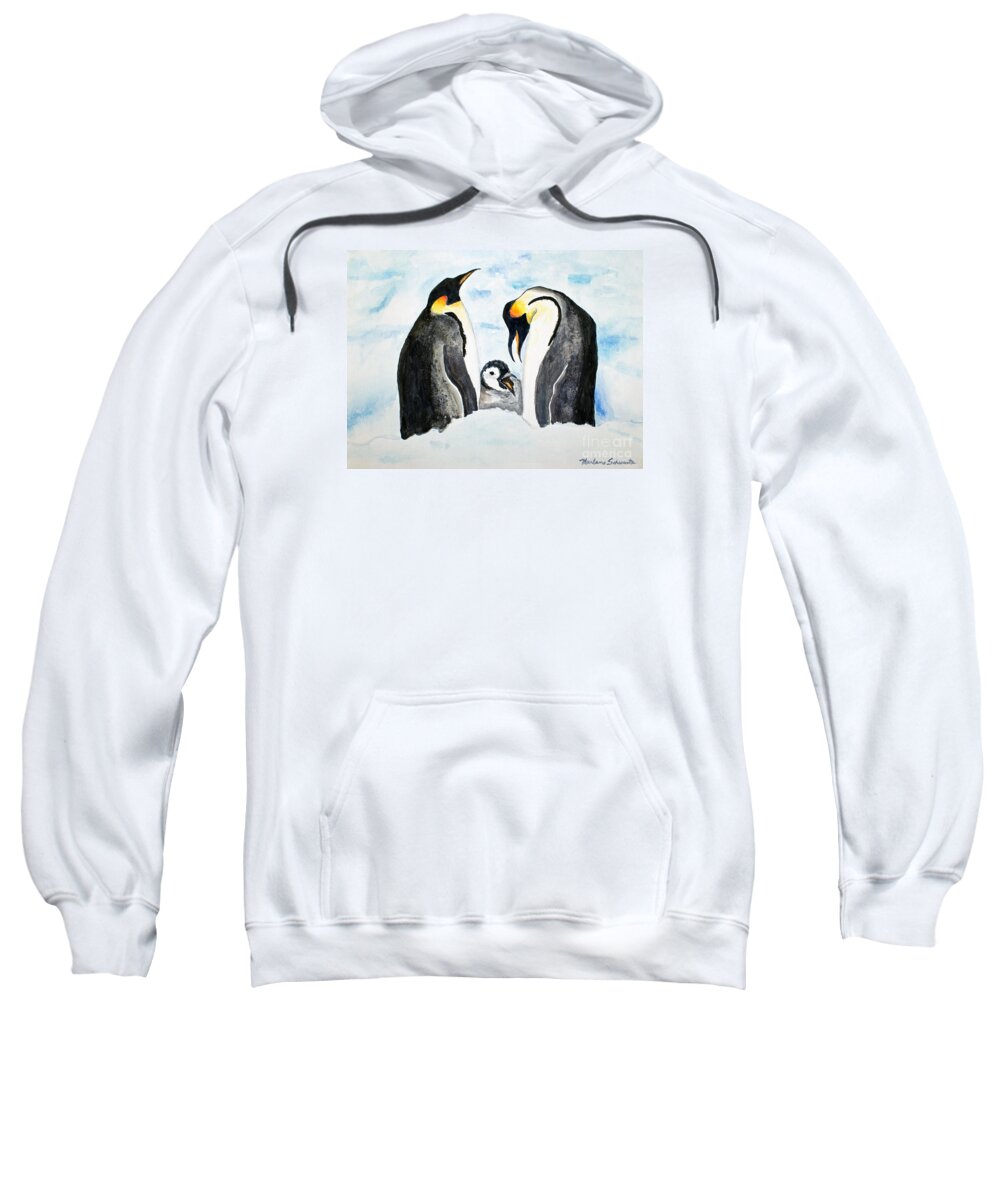 Penguin Sweatshirt featuring the painting And Baby Makes Three by Marlene Schwartz Massey