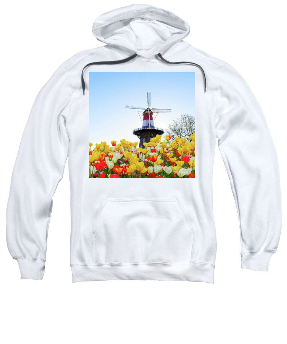 Amsterdam Sweatshirt featuring the photograph Dutch Windmill with Netherlands Flag by Anastasy Yarmolovich