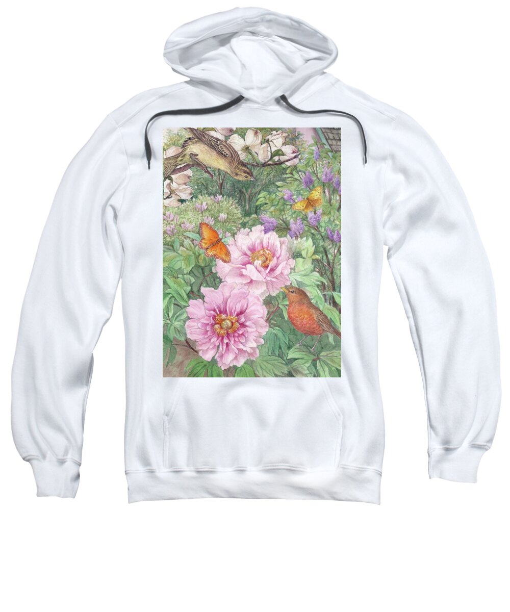 Illustrated Peony Sweatshirt featuring the painting Birds Peony Garden Illustration by Judith Cheng