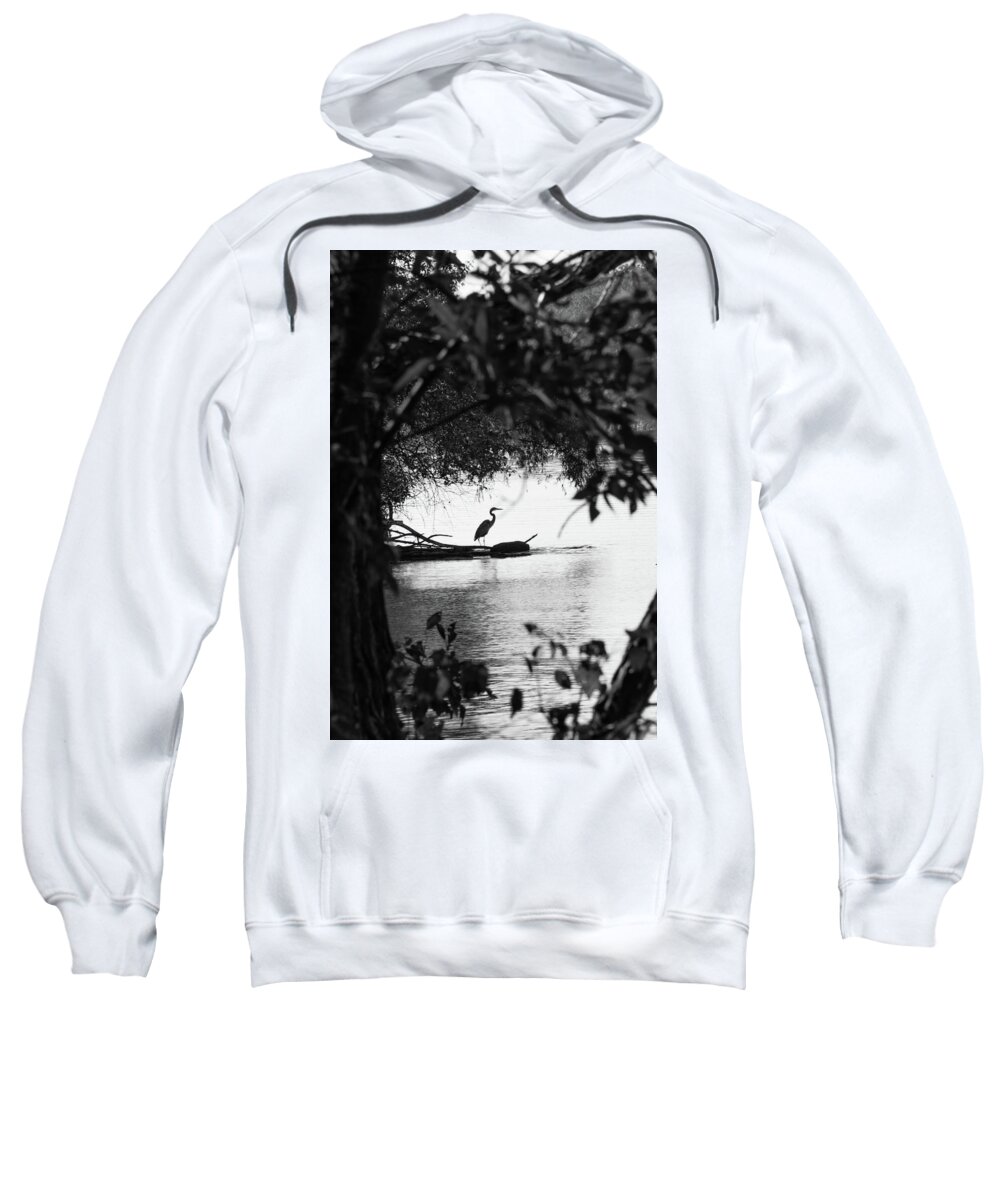 Animal Sweatshirt featuring the photograph Blue Heron In Black And White. by John Benedict
