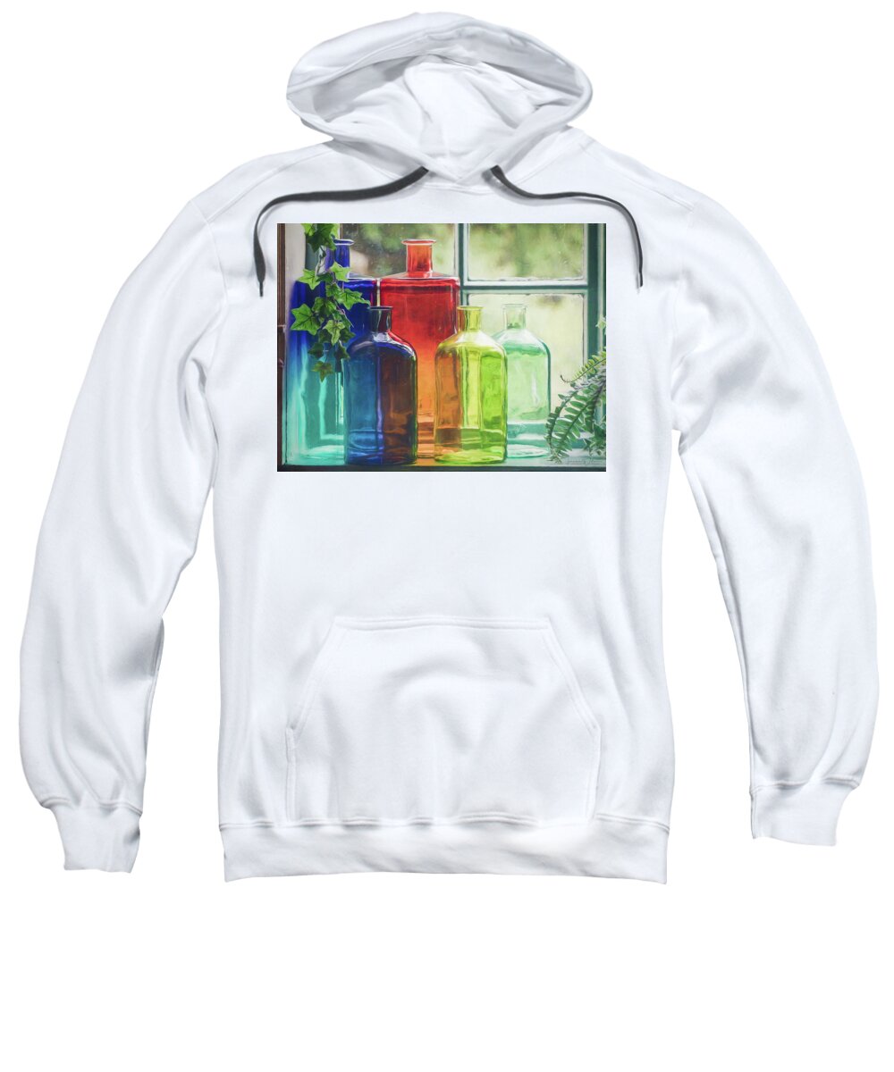 Blue Sweatshirt featuring the photograph Bottles in the Window by Teresa Wilson