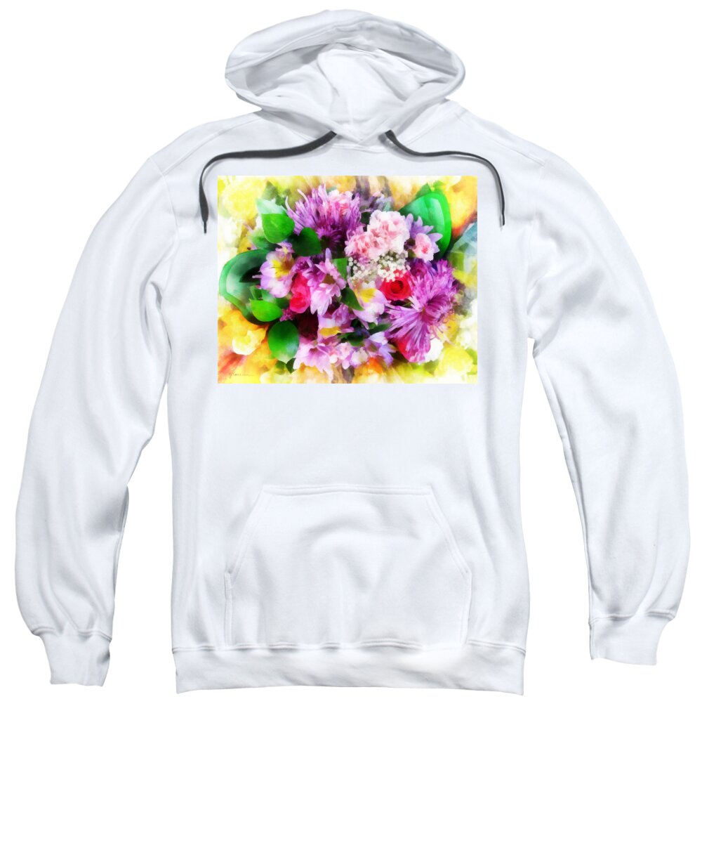 Flowers; Bouquet; Blooms; Buds; Plants; Love; Romance; Carnations; Chrysanthemums; Roses; Freesias Sweatshirt featuring the digital art Bouquet of Purple by Frances Miller