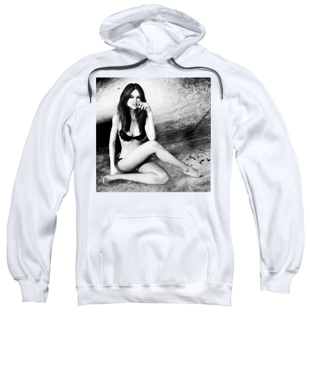 Brunette Sweatshirt featuring the digital art Brunette in Lingerie Black and White by Alicia Hollinger
