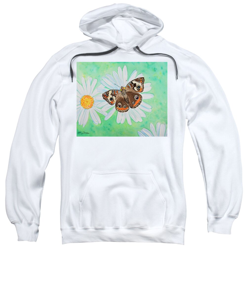 Butterfly Sweatshirt featuring the painting Buckeye on Oxeye by Sonja Jones