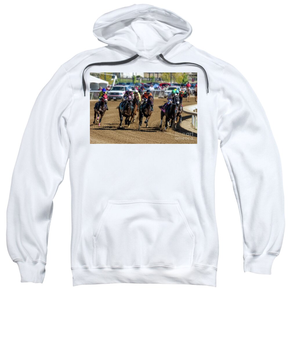 Belterra Horse Park Racing Sweatshirt featuring the photograph Coming Around The Turn by Ed Taylor