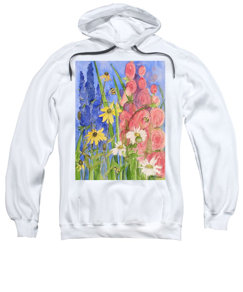 Watercolor Sweatshirt featuring the painting Cottage Garden Daisies and Blue Skies by Laurie Rohner