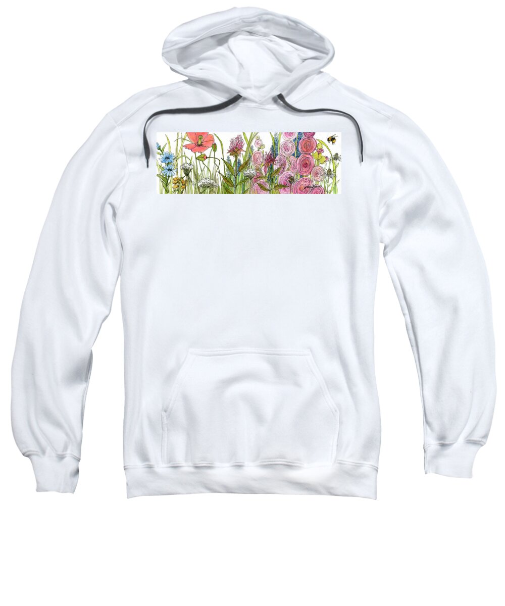 Watercolor Sweatshirt featuring the painting Cottage Hollyhock Garden by Laurie Rohner