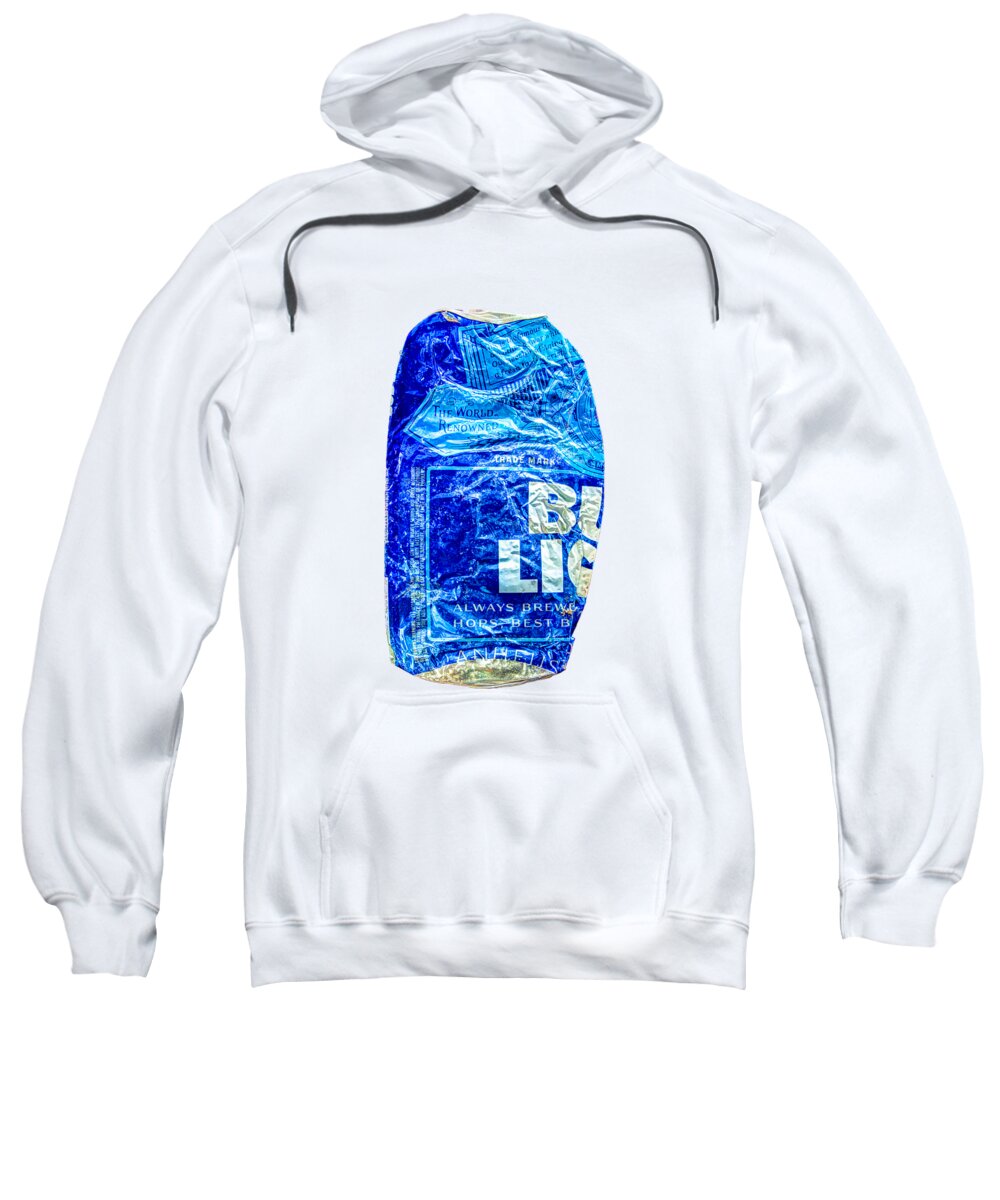 Black Sweatshirt featuring the photograph Crushed Blue Beer Can on Plywood 78 Color on BW by YoPedro