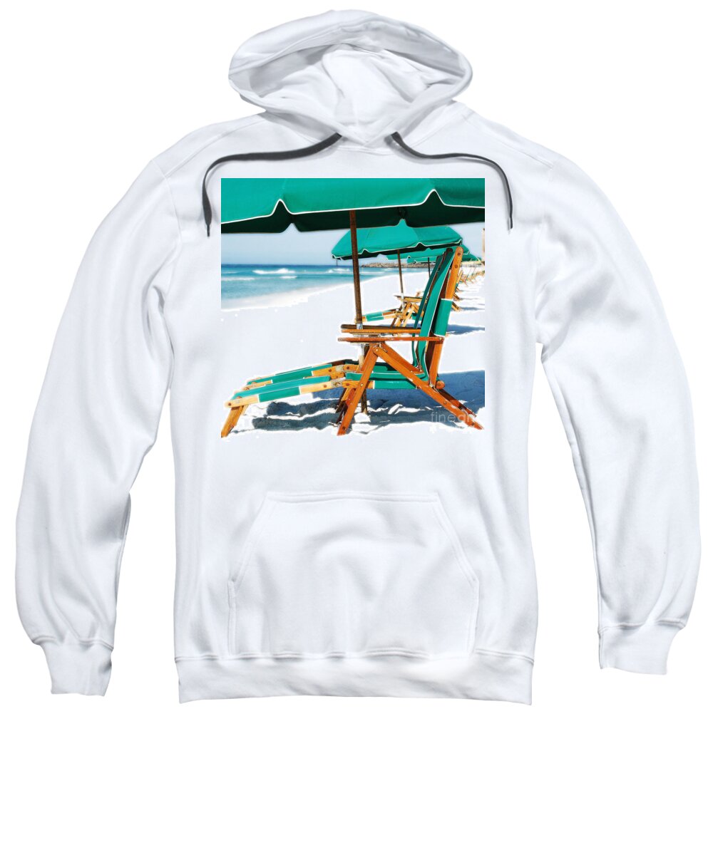 Destin Sweatshirt featuring the photograph Destin Florida Beach Chairs and Green Umbrellas Square Format Diffuse Glow Digital Art by Shawn O'Brien