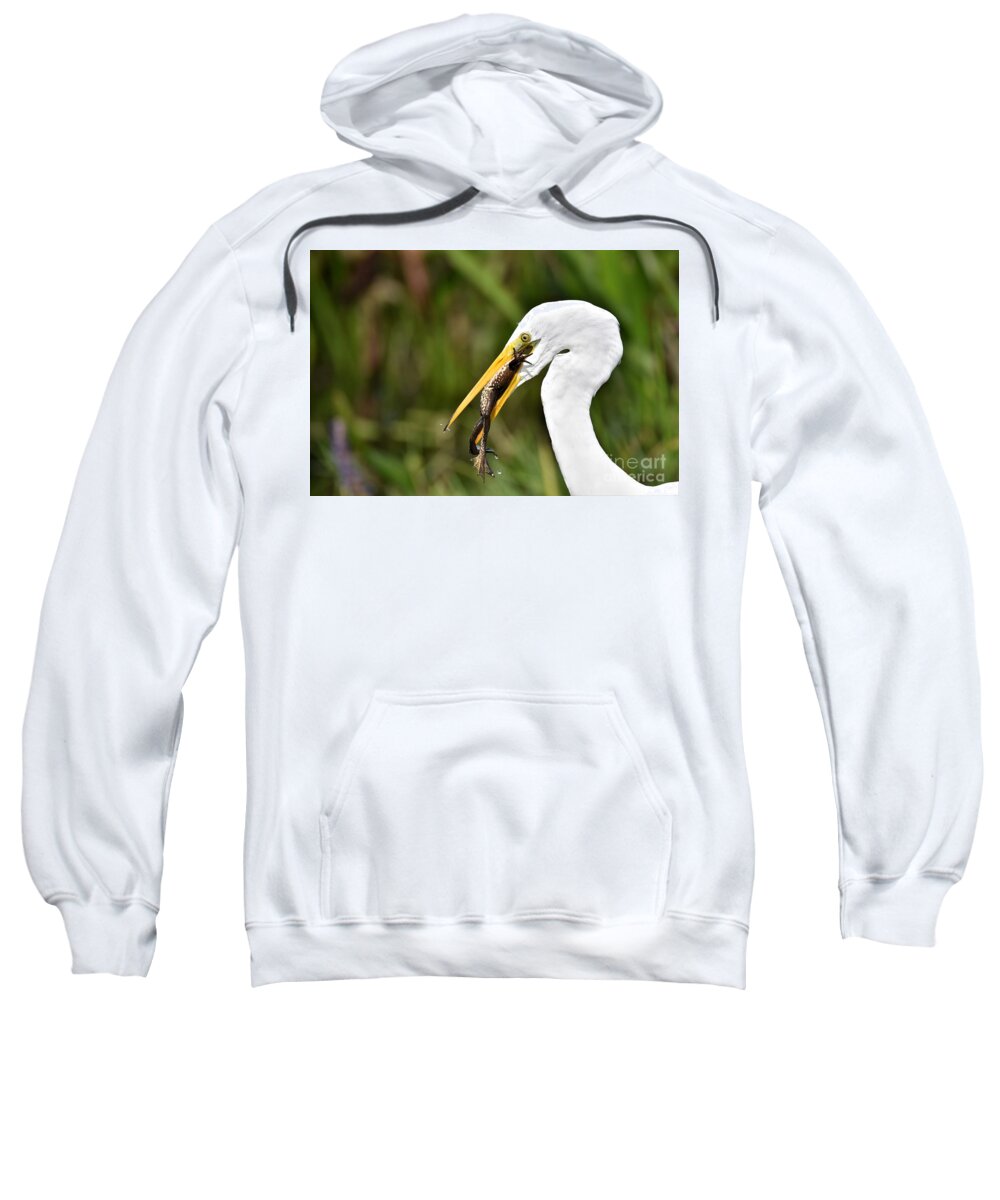 Great White Egret Sweatshirt featuring the photograph Egret With Frog by Julie Adair