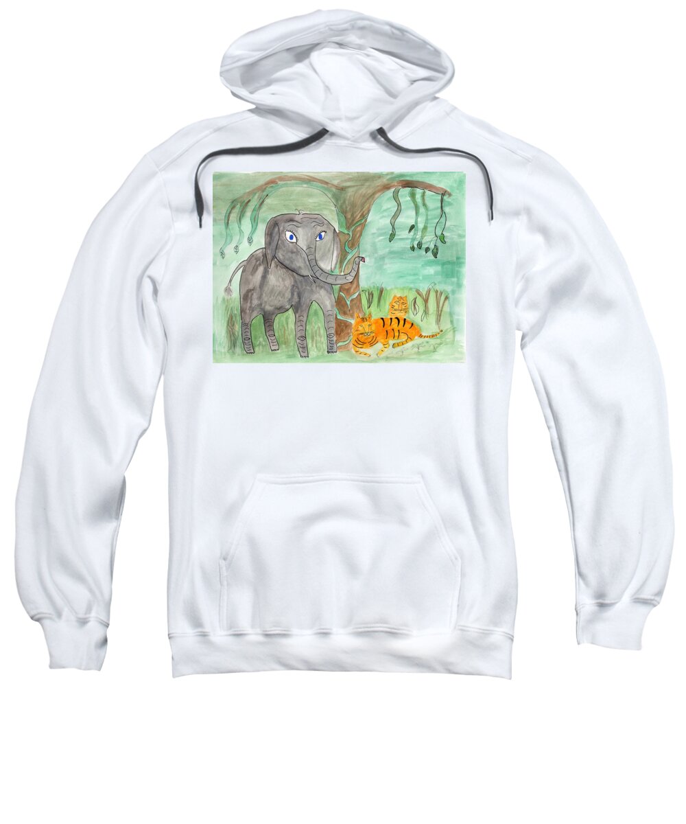 Elephoot Sweatshirt featuring the painting Elephoot, Ben and Jen Bengal Tigers Under the Banyan by Helen Holden-Gladsky