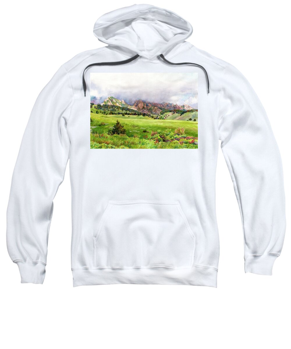 Flatirons Painting Sweatshirt featuring the painting Flatirons Vista by Anne Gifford