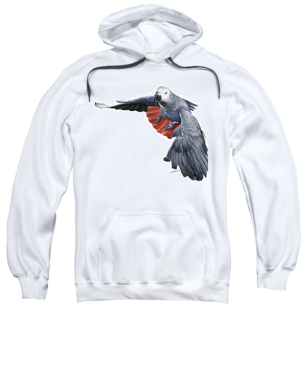 African Greay Sweatshirt featuring the digital art Flying African Grey Parrot by Owen Bell