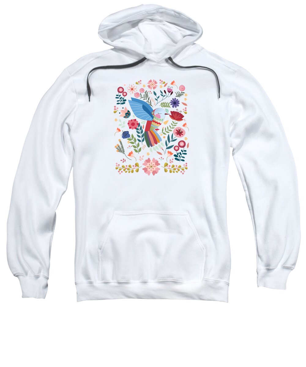 Painting Sweatshirt featuring the painting Folk Art Inspired Hummingbird In A Burst Of Springtime Blossoms by Little Bunny Sunshine