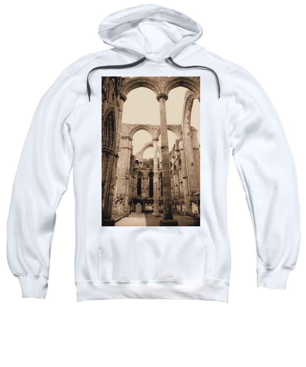 Fountains Fountain Abbey England Sepia Old Medieval Middle Ages Church Monastery Nun Nuns Architecture York Yorkshire Monasteries Aldfield Ruins Saint Century Black Death Claustral Building Cistercian Granges Cathedral Cloister Feudal Sweatshirt featuring the photograph Fountains Abbey #52 by Raymond Magnani