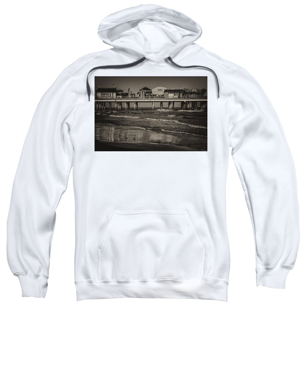 Pleasure Pier Sweatshirt featuring the photograph Galveston Pleasure Pier - Black and White by Kathy Adams Clark
