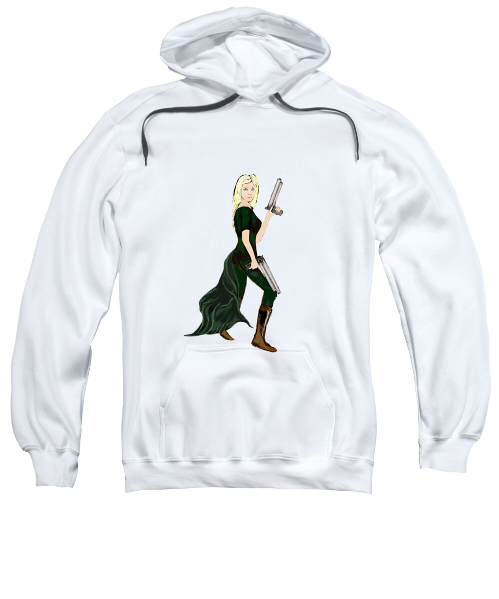 Woman Sweatshirt featuring the digital art Girl with Guns by Tom Conway
