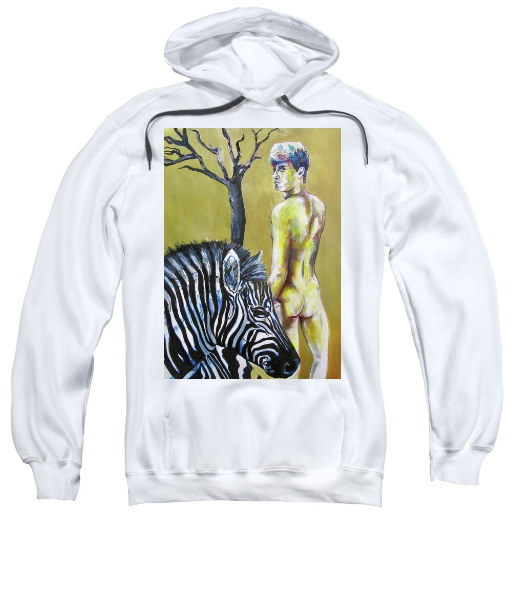 Zebra Sweatshirt featuring the painting Golden Zebra High Noon by Rene Capone