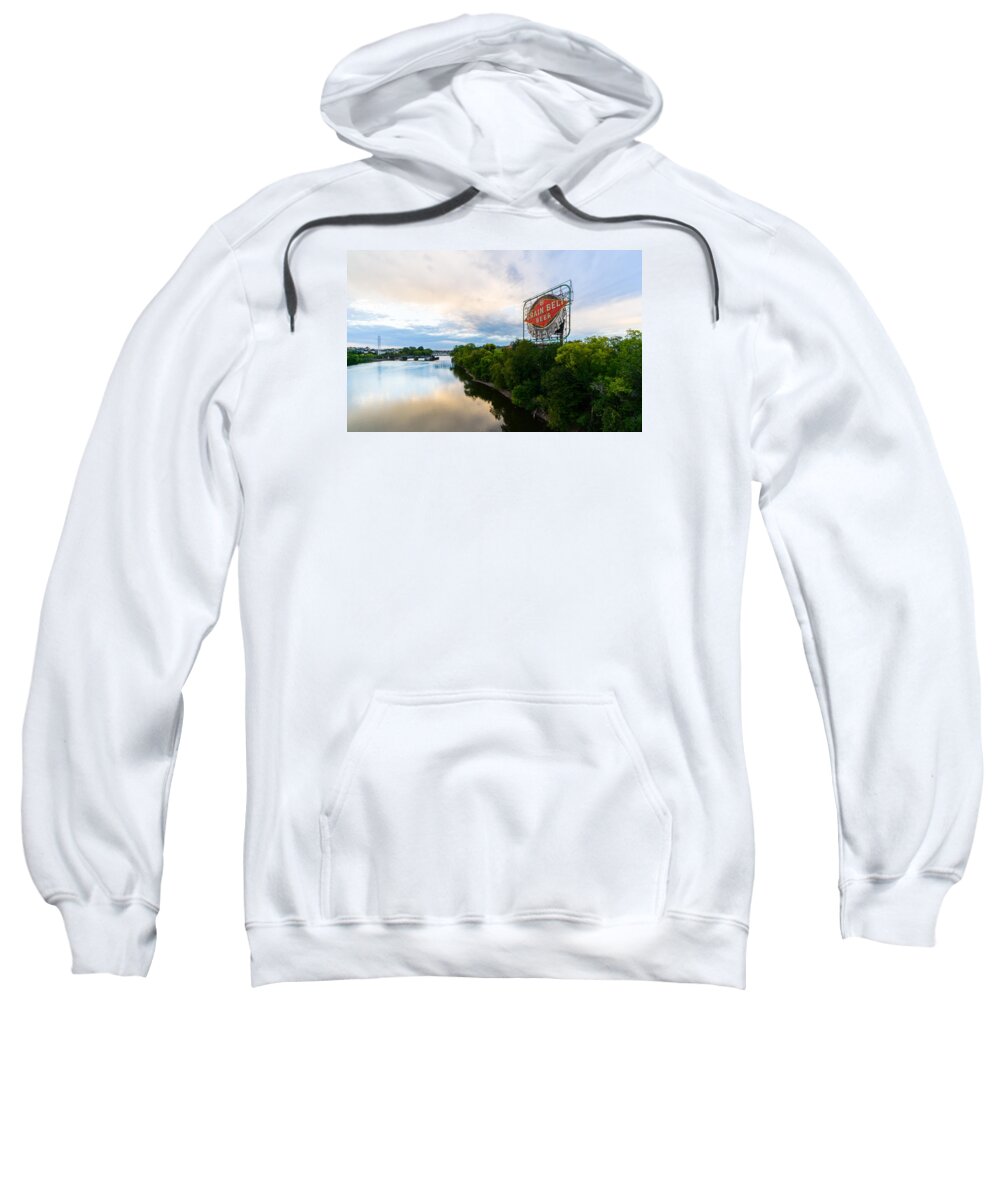 15mm_voigtlander Sweatshirt featuring the photograph Grain Belt Beer sign on River by Mike Evangelist