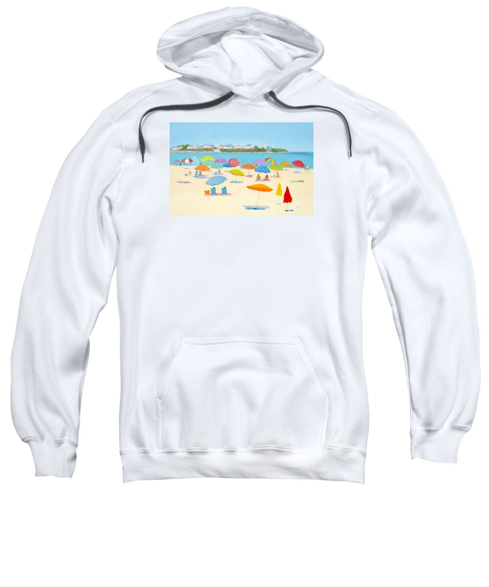 Hampton Beach Sweatshirt featuring the painting Hampton Beach Umbrellas by Jan Matson