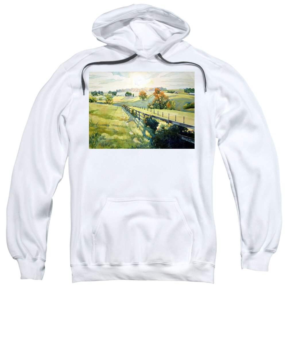 #nature #watercolor #landscape #watercolorpainting #sunset #rollinghills #art #artist #painting #maryland #country #farm Sweatshirt featuring the painting Heavenly Light by Mick Williams