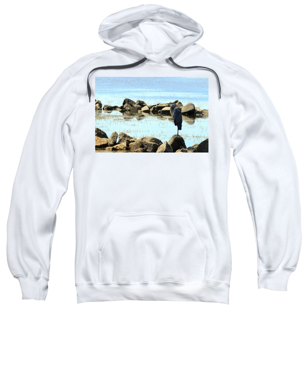 Alert Sweatshirt featuring the photograph Heron on the Rocks by Travis Rogers