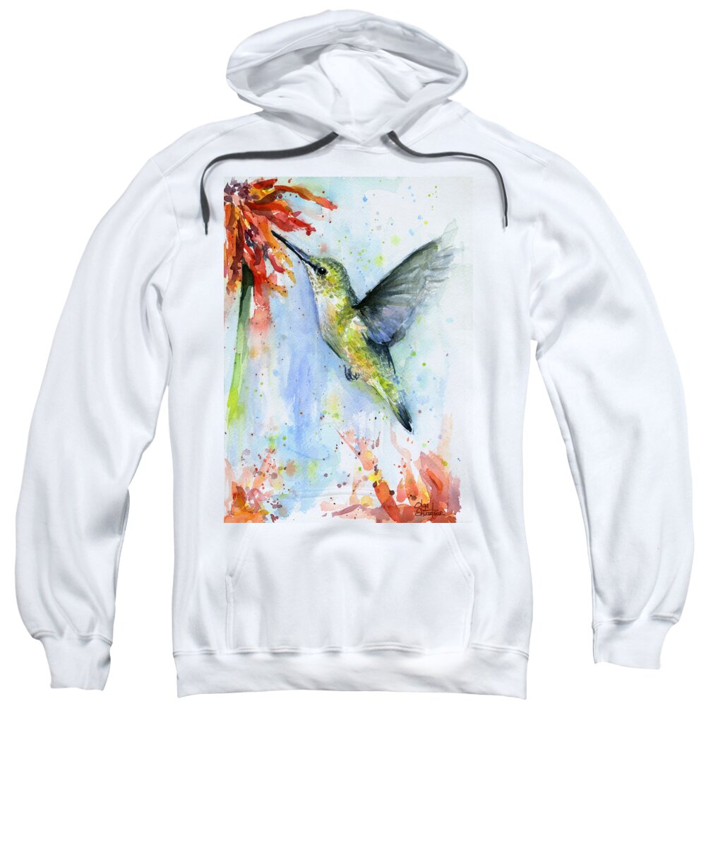 Watercolor Sweatshirt featuring the painting Hummingbird and Red Flower Watercolor by Olga Shvartsur