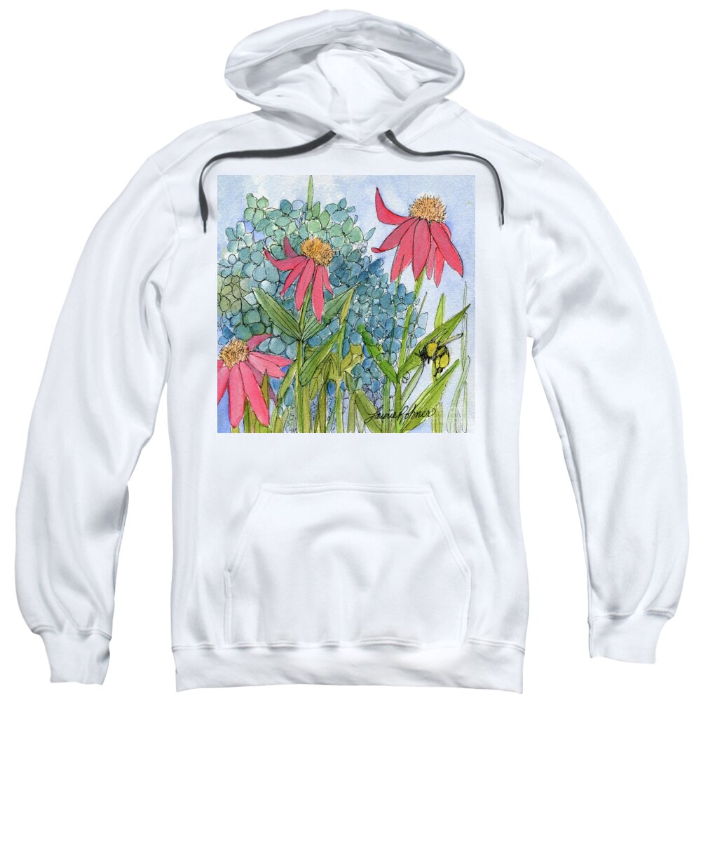 Garden Flowers Sweatshirt featuring the drawing Hydrangea with Bee by Laurie Rohner