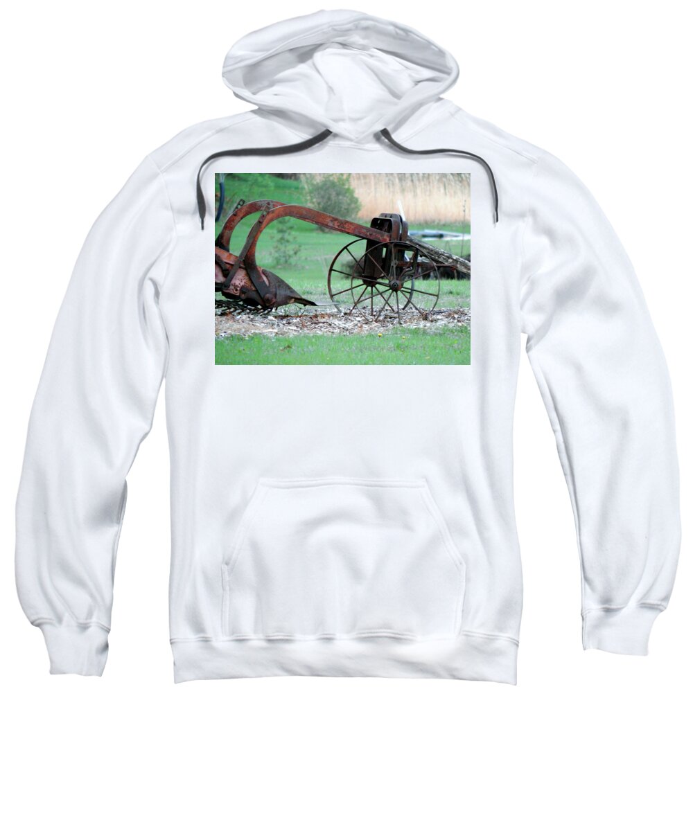 Antique Farm Equipment Sweatshirt featuring the photograph In The Rust Home by Wild Thing
