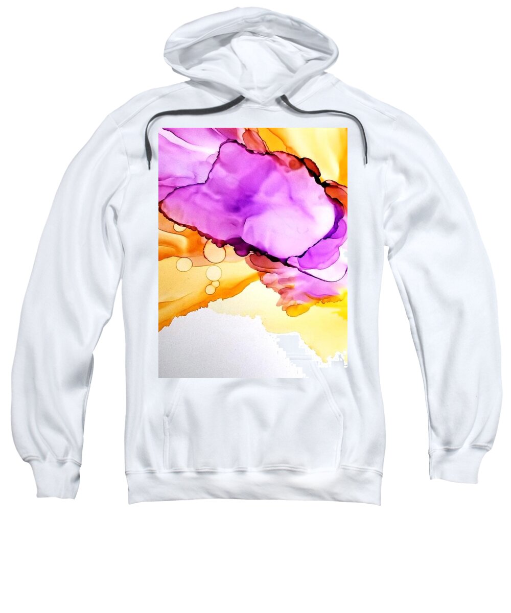 Alcohol Ink Red Yellow Orange Purple Landscape Floral Garden Meadow Serene Sunset Decor Forest Wildflowers Cascade Sweatshirt featuring the painting Iris by Kelly Dallas